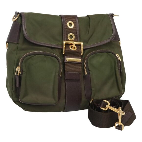 PRADA Shoulder Bag Nylon Khaki Gold Auth 120599 - Picture 1 of 16